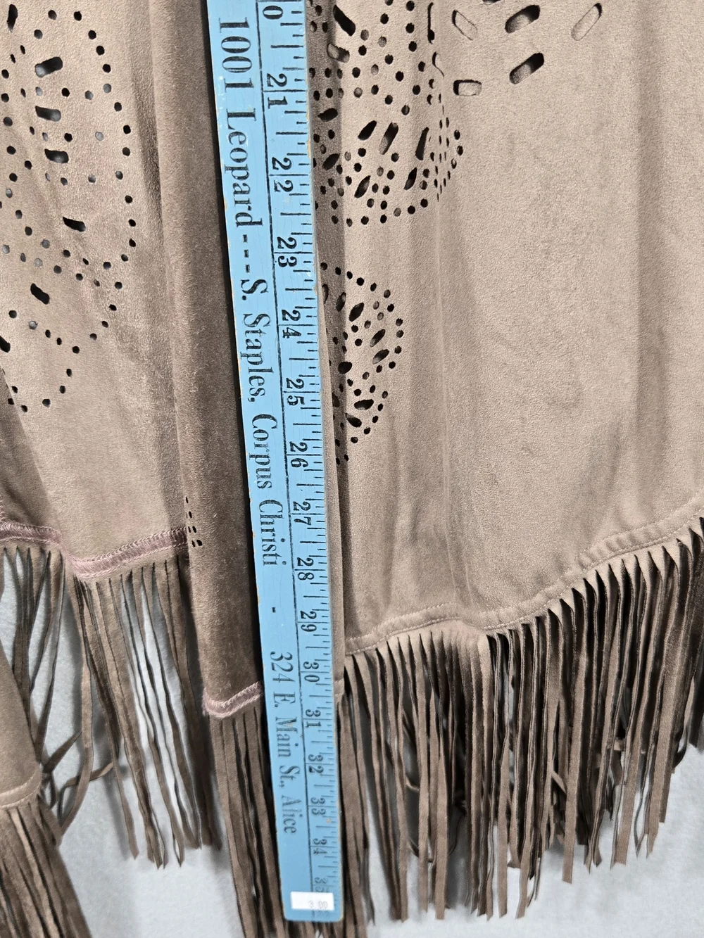 Insight Taupe Faux Suede Laser-Cut Fringe Poncho